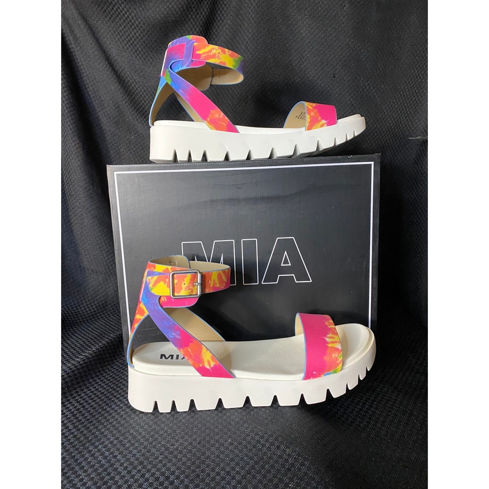 MIA Mady Tie Dye Platform Sandals White Lug Sole Ankle Straps Woman's Size 6.5